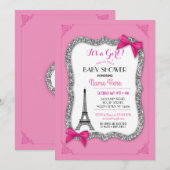 Paris Baby shower Girl Pink Eiffel Tower Invite Kaart (Voorkant / Achterkant)