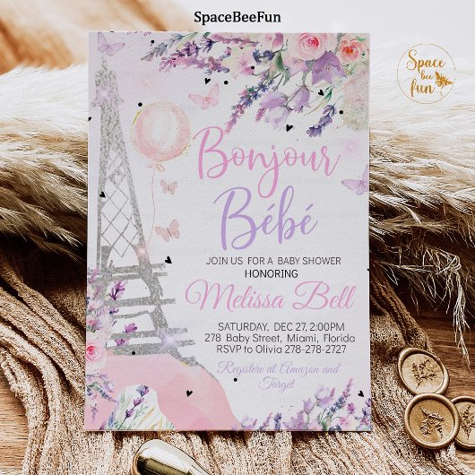 Paris Baby shower Invitation Bonjour Bebe roze Kaart