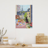 Paris Balcony Breakfast Cat Eiffel Tower View Arts Poster (Keuken)