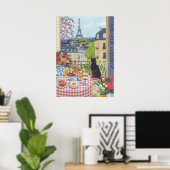 Paris Balcony Breakfast Cat Eiffel Tower View Arts Poster (Thuiskantoor)