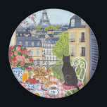 Paris Balcony Cat Breakfast Eiffel Tower Fridge Magneet<br><div class="desc">Add a little Parisian charm to your kitchen with this delightful fridge magnet featuring a cozy balcony breakfast scene. A black cat sits peacefully while gazing toward the Eiffel Tower above the rooftops of Paris, surrounded by croissants, strawberries, coffee, and blooming flowers. This charming illustration brings the atmosphere of a...</div>