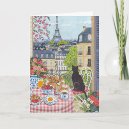 Paris Balcony Cat Breakfast Eiffel Tower Greeting Kaart