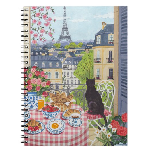 Paris Balcony Cat Breakfast Eiffel Tower Notebook Notitieboek (Voorkant)
