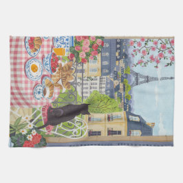 Paris Balcony Cat Breakfast Eiffel Tower Tea Towel Theedoek