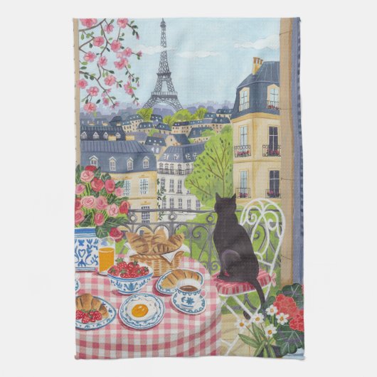 Paris Balkon Kat Ontbijt Eiffeltoren Theedoek (Verticaal)