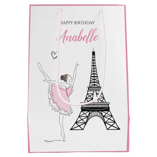 Paris Ballerina, Eiffel Tower Pink Ballet Birthday Medium Cadeauzakje (Achterkant)