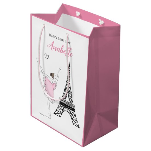 Paris Ballerina, Eiffel Tower Pink Ballet Birthday Medium Cadeauzakje (Achterkant Gekanteld)