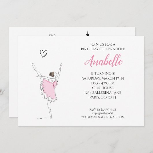 Paris Ballerina en Eiffel Tower Girls Ballet Invi Kaart (Voorkant / Achterkant)