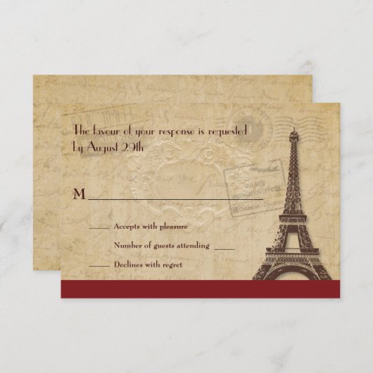 Paris Bestemming Bruiloft Reactie RSVP Kaartje (Voorkant / Achterkant)