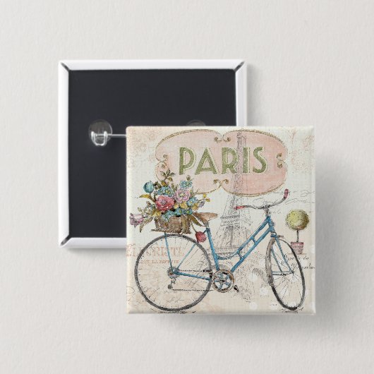 Paris Bike met bloemen Vierkante Button 5,1 Cm (Voorkant /achterkant)