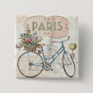 Paris Bike met bloemen Vierkante Button 5,1 Cm
