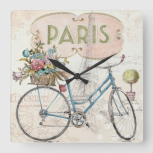 Paris Bike met bloemen Vierkante Klok