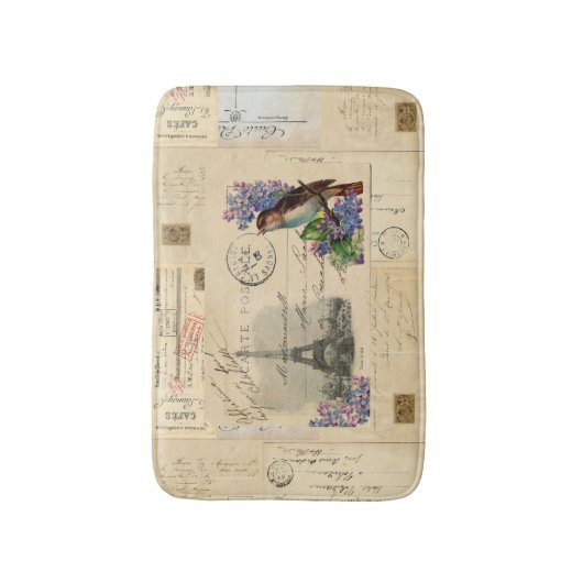 Paris Bird Lila Frans Briefkaart Bathmat Badmat (Voorkant Verticaal)