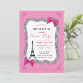Paris Birthday Girl's Roze Eiffel Tower Invite Kaart (Staand voorkant)