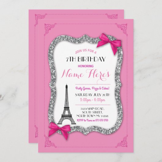 Paris Birthday Girl's Roze Eiffel Tower Invite Kaart (Voorkant / Achterkant)