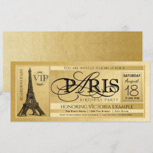 Paris Birthday Party Invitation Gold Paris Ticket Kaart