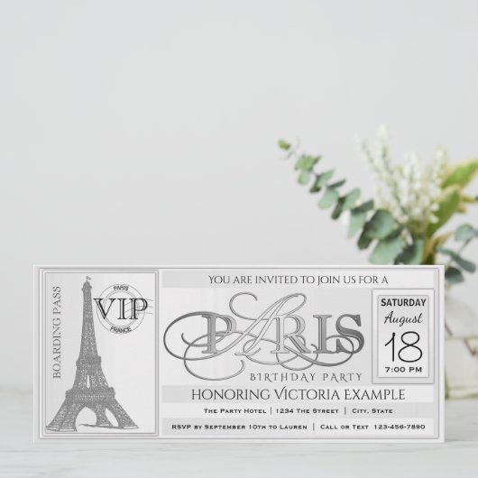 Paris Birthday Party Ticket Invitation Kaart (Staand voorkant)