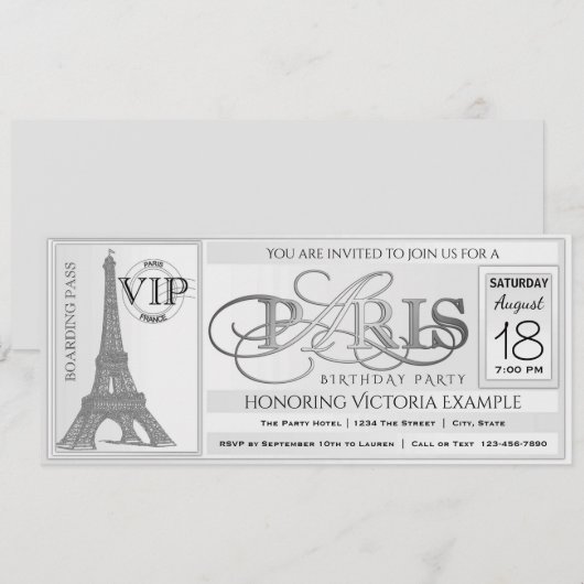 Paris Birthday Party Ticket Invitation Kaart (Voorkant / Achterkant)