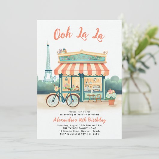 Paris Bistro Eiffeltoren Perzik Roze Blauwgroen Sw Kaart (Staand voorkant)