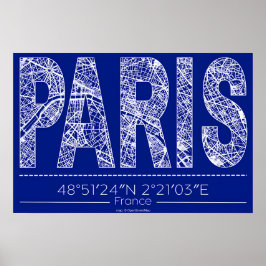 Paris Blauwdruk Typografie Kaart Poster – Horizont