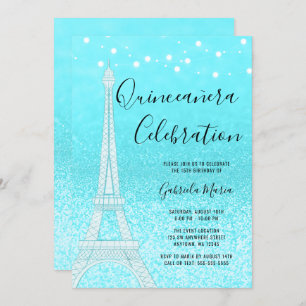 Paris Blauwgroen Blue Glitter Lights Quinceañera Kaart