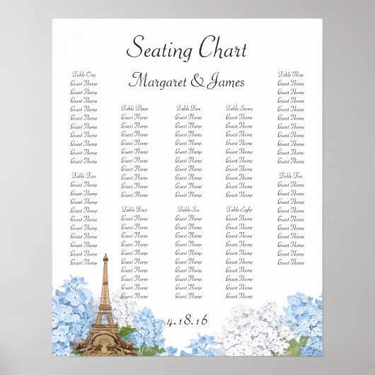 Paris Blue Hydrange  Romantic Seating Chart Poster (Voorkant)