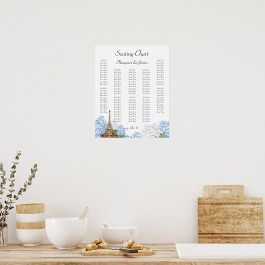 Paris Blue Hydrange Romantic Seating Chart Poster (Keuken)