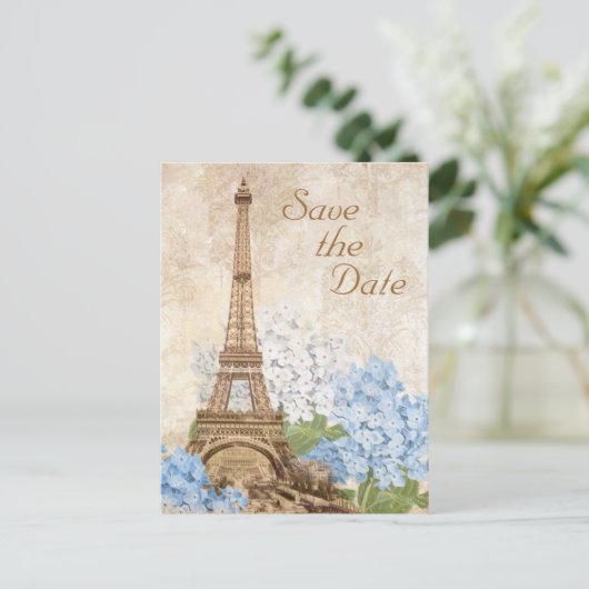 Paris Blue Hydrangea  Save the Date Kaart (Staand voorkant)