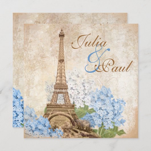 Paris  Blue Hydrangea Wedding Invitation Kaart (Voorkant / Achterkant)