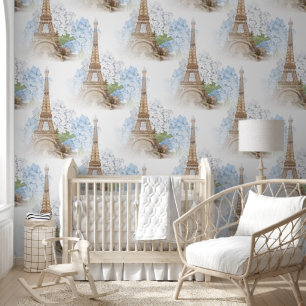 Paris Blue Hydrangea White Wallpaper Behang