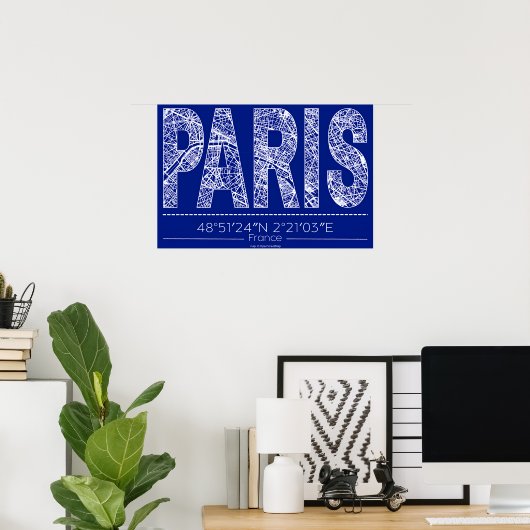 Paris Blueprint Typography Map Poster – Horizontal (Thuiskantoor)