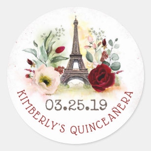 Paris Blush en Bourgogne Bloemen Quinceanera Ronde Sticker