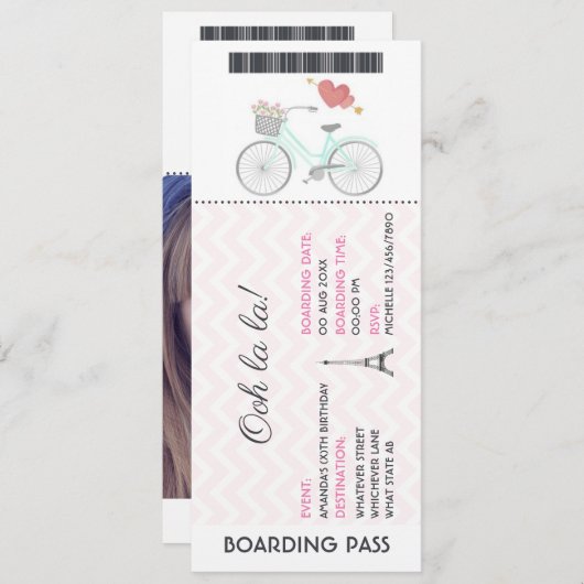 Paris Boarding Pass Birthday voeg foto Uitnodiging (Voorkant / Achterkant)