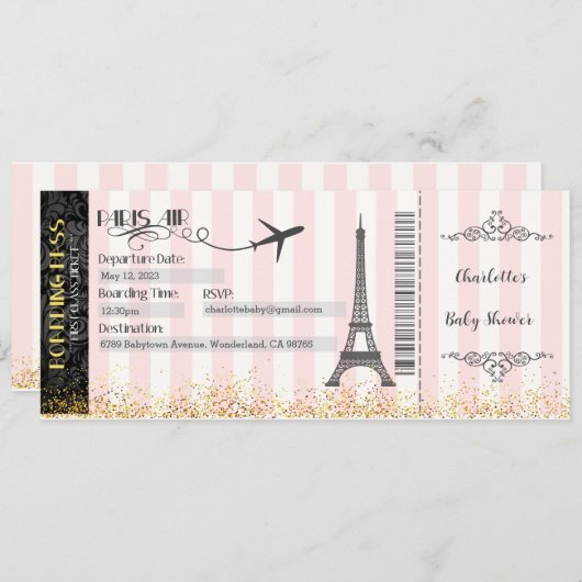 Paris boarding Pass Invitation, Baby, Bridal Kaart (Voorkant / Achterkant)