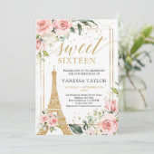 Paris boho blush roze floral gold lief zestien kaart (Staand voorkant)