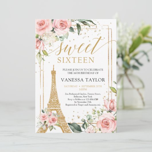 Paris boho blush roze floral gold lief zestien kaart (Staand voorkant)