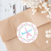 Paris Bonjour Roze Bloemen Ronde Sticker