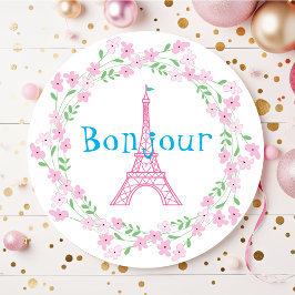 Paris Bonjour Roze Bloemen Ronde Sticker