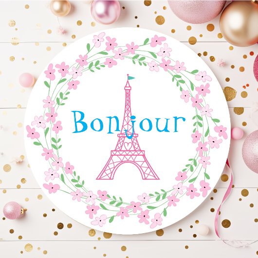 Paris Bonjour Roze Bloemen Ronde Sticker