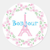 Paris Bonjour Roze Bloemen Ronde Sticker (Voorkant)