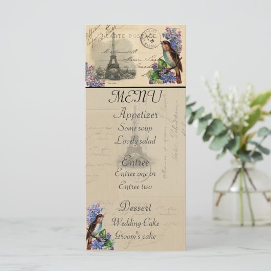 Paris Briefkaart Bird op Lilacs Menu Card (Staand voorkant)