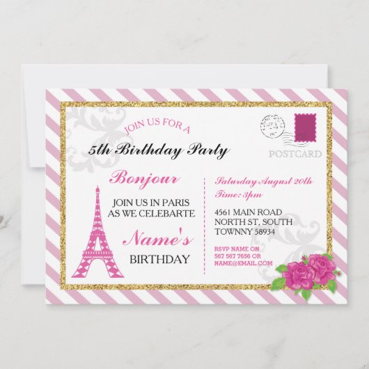 Paris Briefkaart France Pink Eiffel Tower Invite (Voorkant)