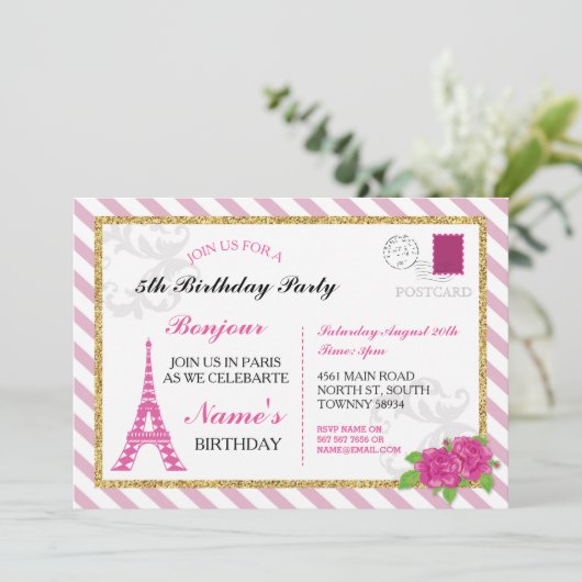 Paris Briefkaart France Pink Eiffel Tower Invite (Staand voorkant)