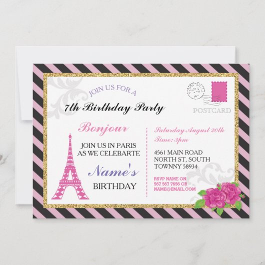 Paris Briefkaart Stripe Gold Glitter Pink Invite (Voorkant)