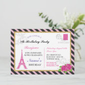 Paris Briefkaart Stripe Gold Glitter Pink Invite (Staand voorkant)