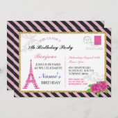 Paris Briefkaart Stripe Gold Glitter Pink Invite (Voorkant / Achterkant)