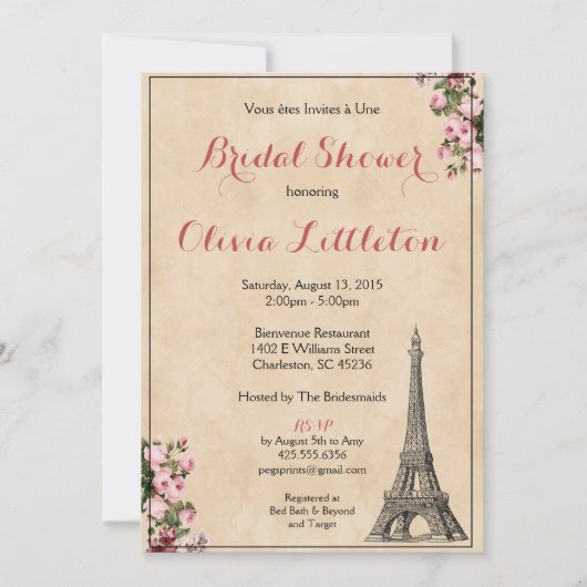 Paris Bruids Douche Uitnodiging - Roze Bloemen (Voorkant)