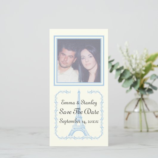 Paris bruiloft blauwe Eiffel Tower Save the Date (Staand voorkant)