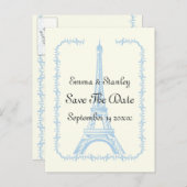 Paris bruiloft blauwe Eiffel Tower Save the Date Aankondigingskaart (Voorkant / Achterkant)