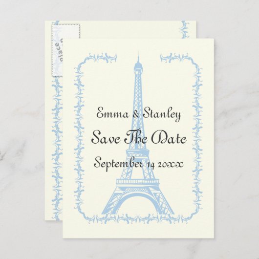 Paris bruiloft blauwe Eiffel Tower Save the Date Aankondigingskaart (Voorkant / Achterkant)